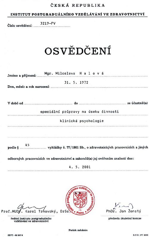 Osvědčení o specializaci klinická psychologie