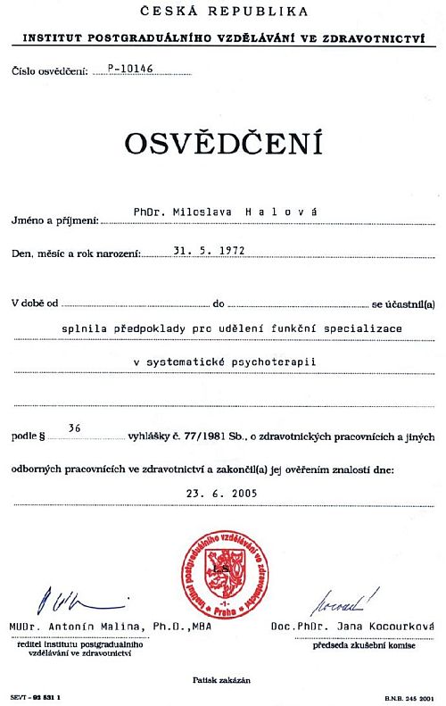 Osvědčení o specializaci systematická psychoterapie